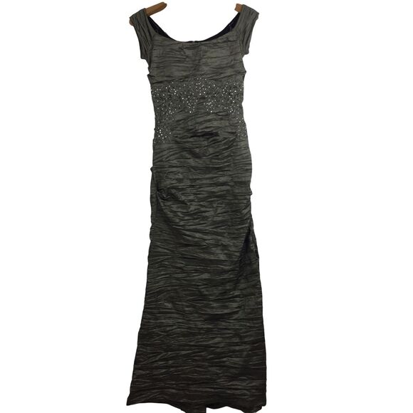 Alex Evenings Pewter Crinkle Fitted Floral Embroidered Dress Gown Size 8 - Picture 1 of 12